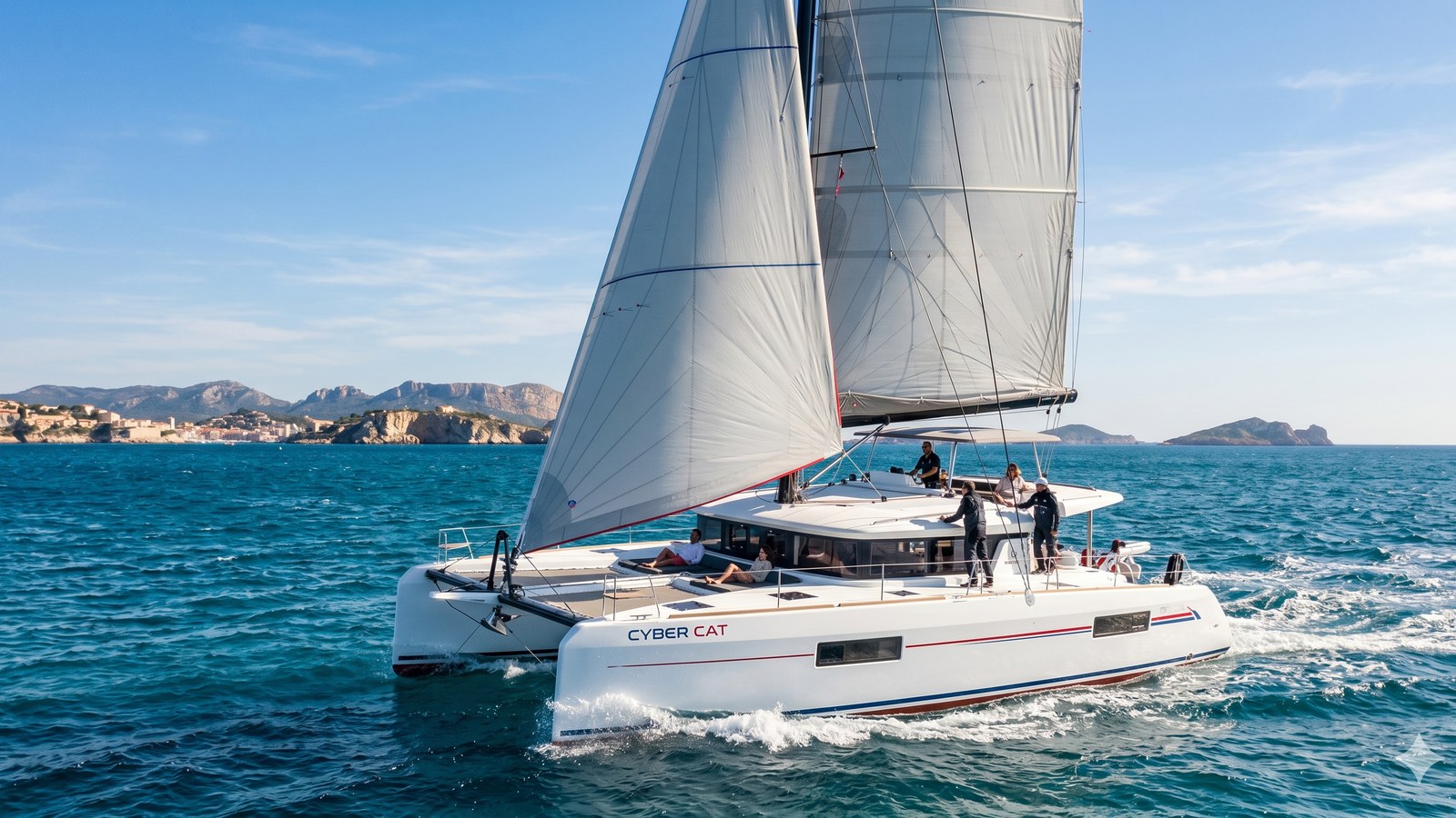 Sailing catamaran on open water